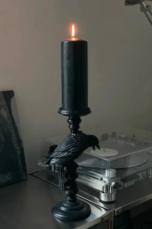 Handmade Vintage Style Black Raven Candle Holder – Front View, showcasing detailed gothic raven design and resin craftsmanship